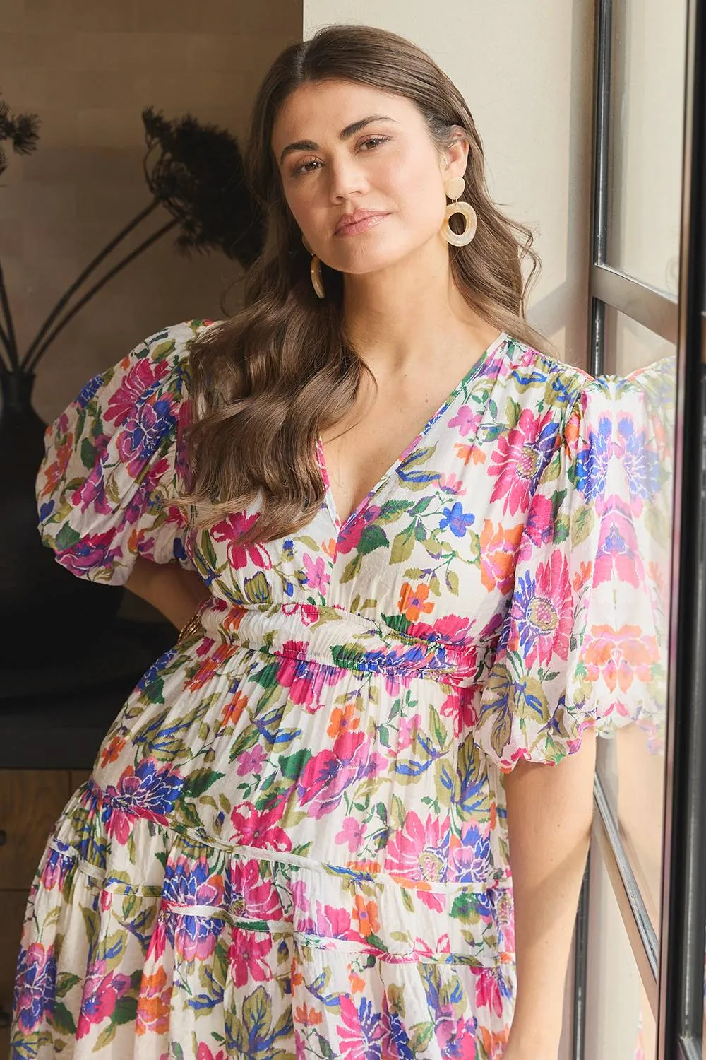 Floral 1/2 Puff Sleeve Midi Dress