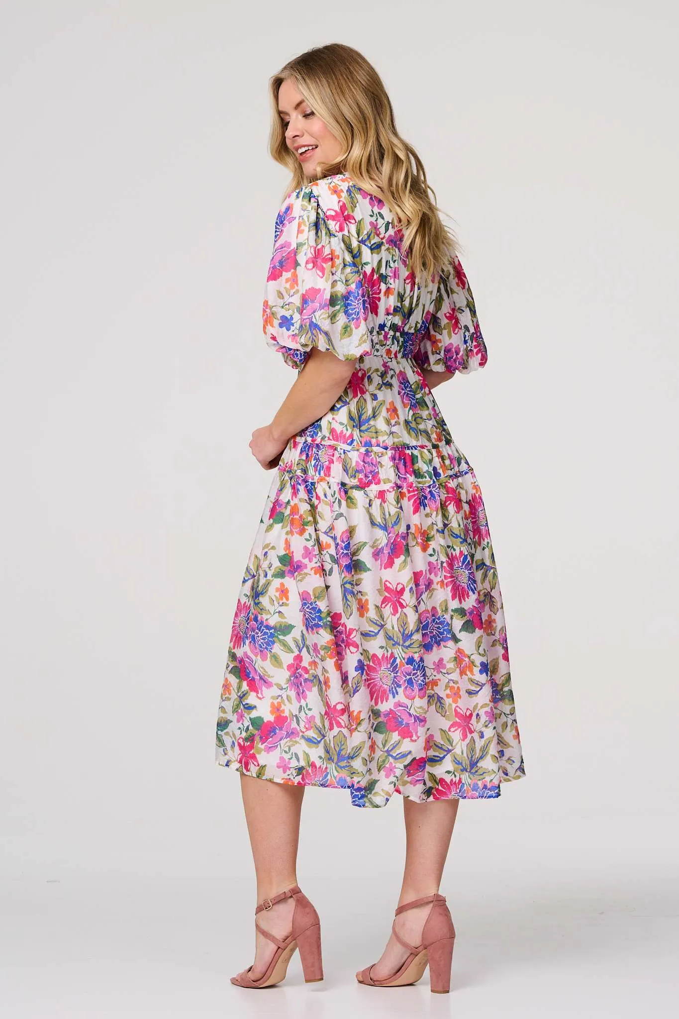 Floral 1/2 Puff Sleeve Midi Dress
