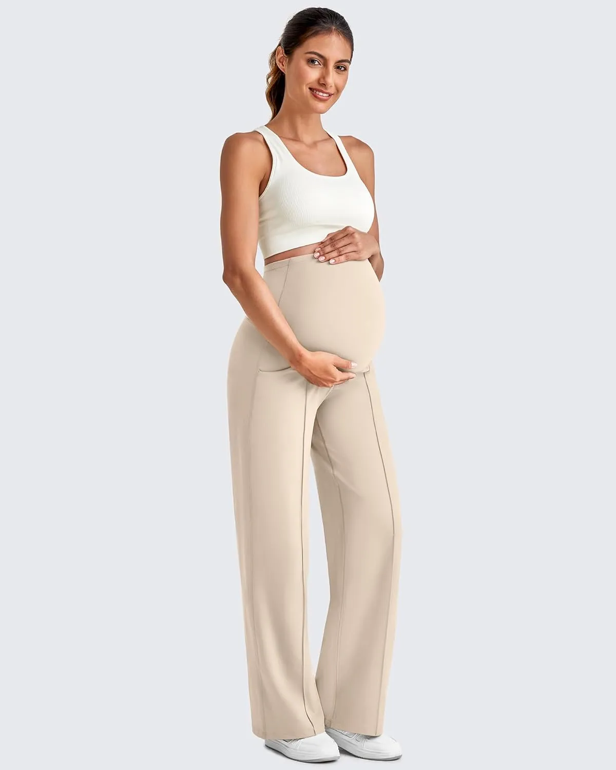 G4Free Maternity Dress Yoga Pants with Pockets Over The Belly Stretchy Work Slack Pregnancy Wide Leg Lounge Trousers