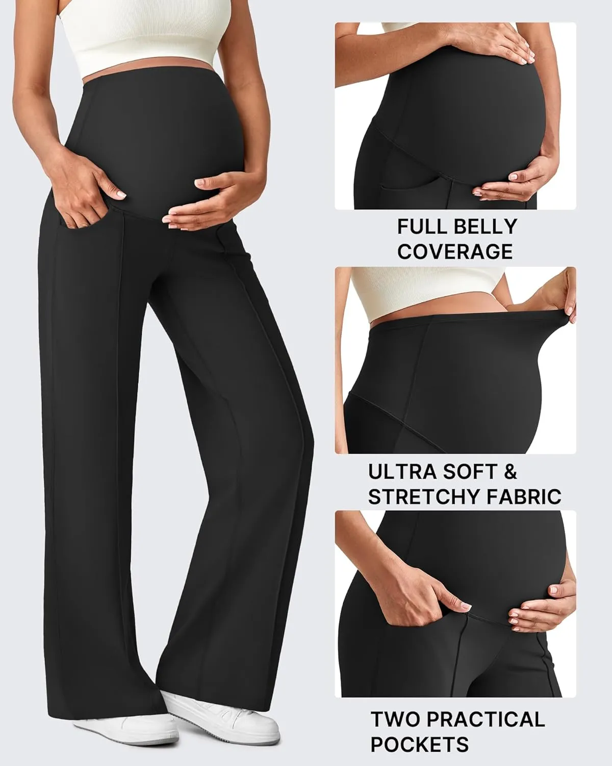 G4Free Maternity Dress Yoga Pants with Pockets Over The Belly Stretchy Work Slack Pregnancy Wide Leg Lounge Trousers