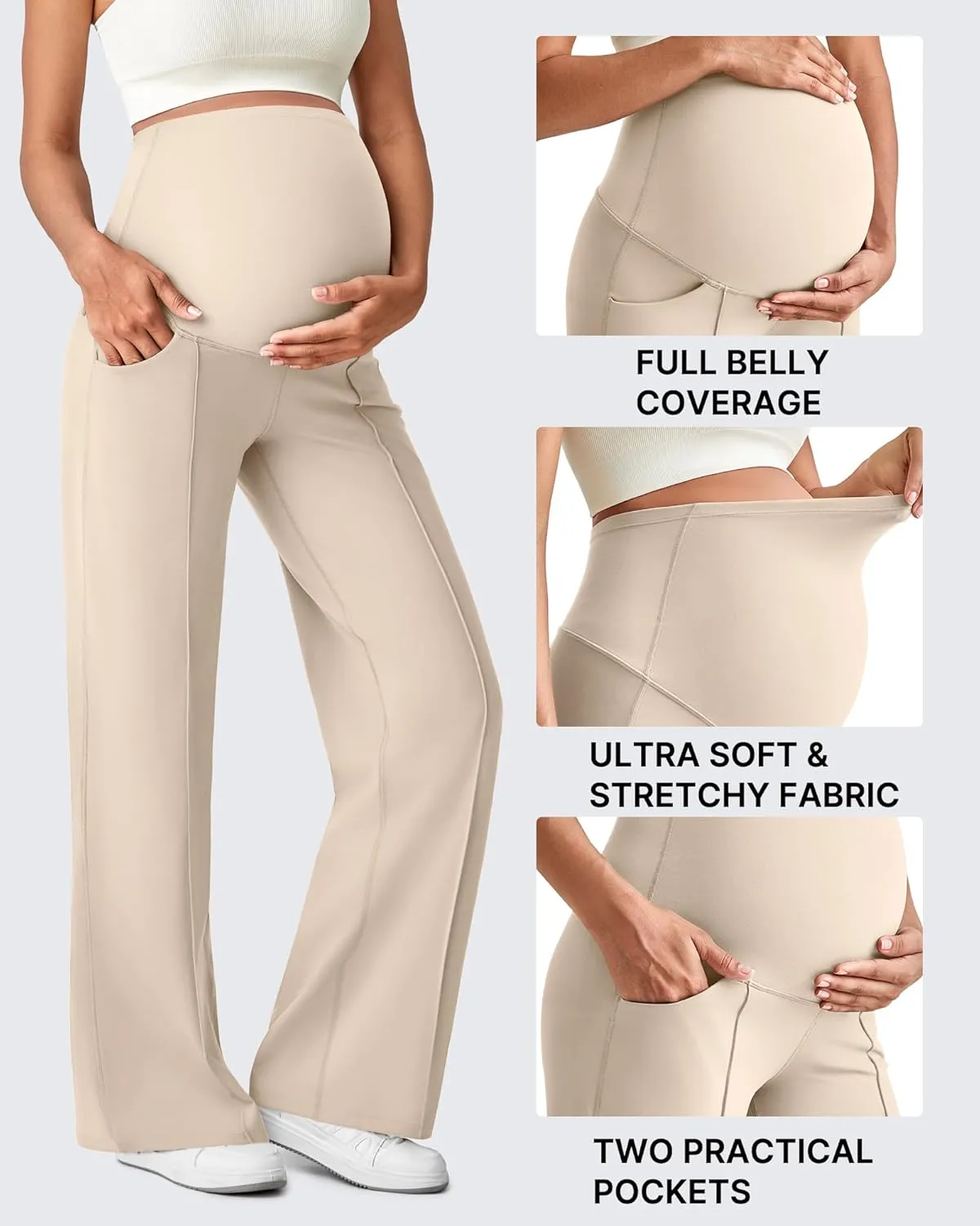 G4Free Maternity Dress Yoga Pants with Pockets Over The Belly Stretchy Work Slack Pregnancy Wide Leg Lounge Trousers