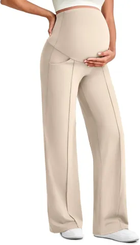 G4Free Maternity Dress Yoga Pants with Pockets Over The Belly Stretchy Work Slack Pregnancy Wide Leg Lounge Trousers