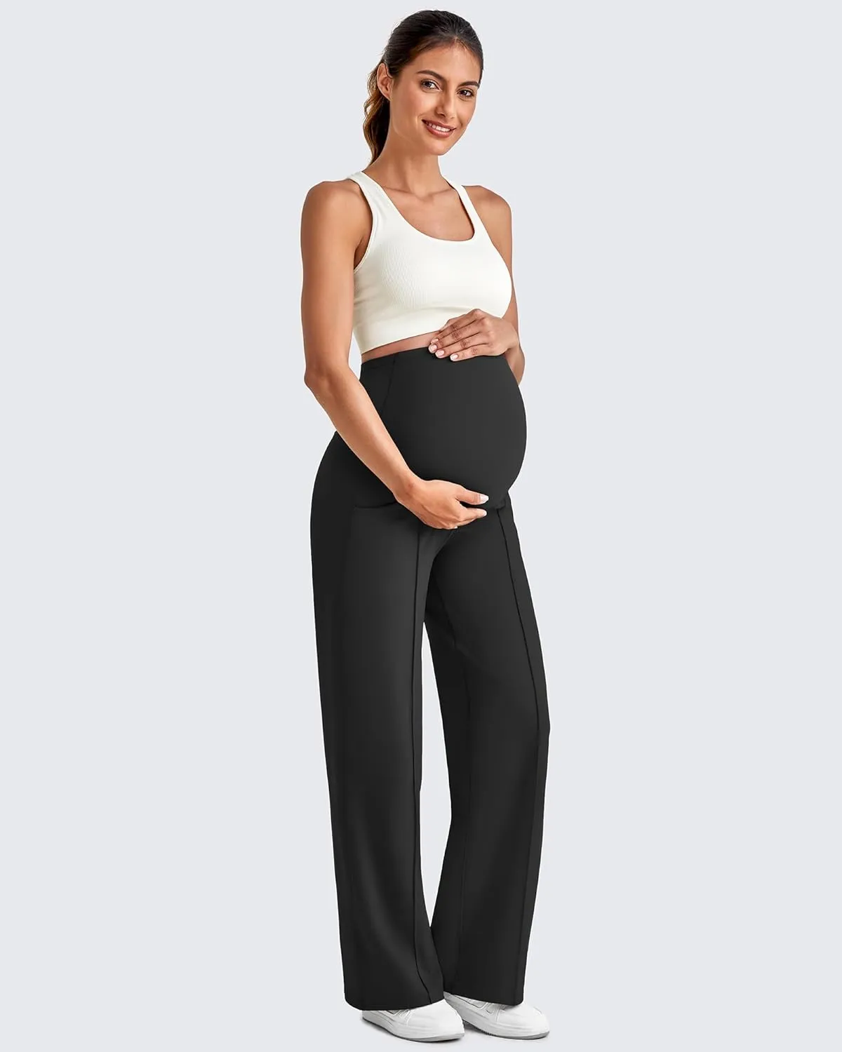 G4Free Maternity Dress Yoga Pants with Pockets Over The Belly Stretchy Work Slack Pregnancy Wide Leg Lounge Trousers