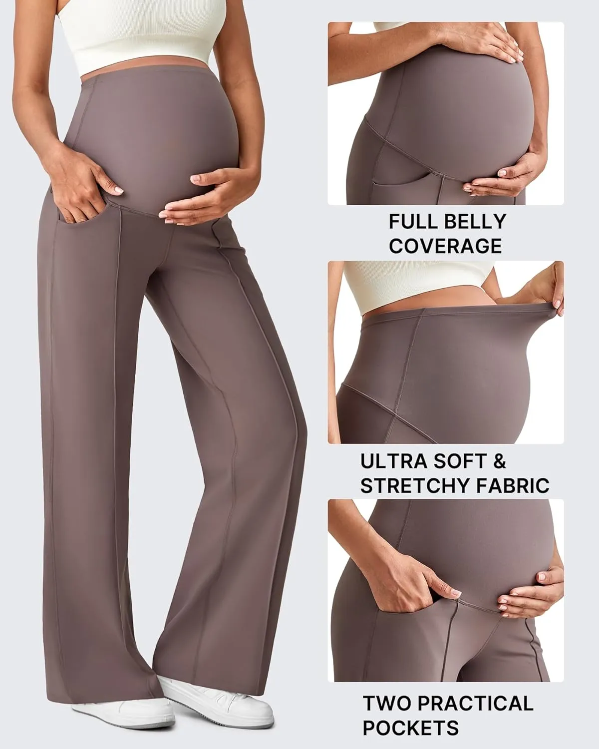 G4Free Maternity Dress Yoga Pants with Pockets Over The Belly Stretchy Work Slack Pregnancy Wide Leg Lounge Trousers