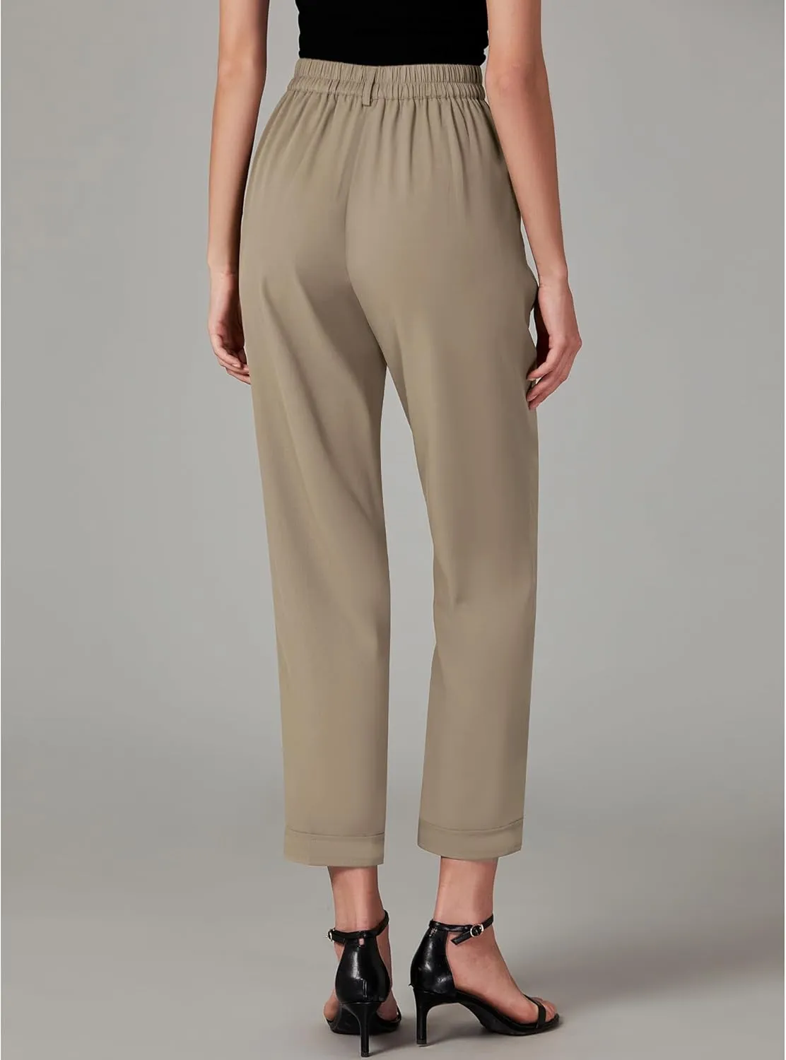 GRAPENT Capri Dress Pants for Women High Waisted Pleated Lightweight Straight Leg Elastic Wasit Crop Trousers Work Pants