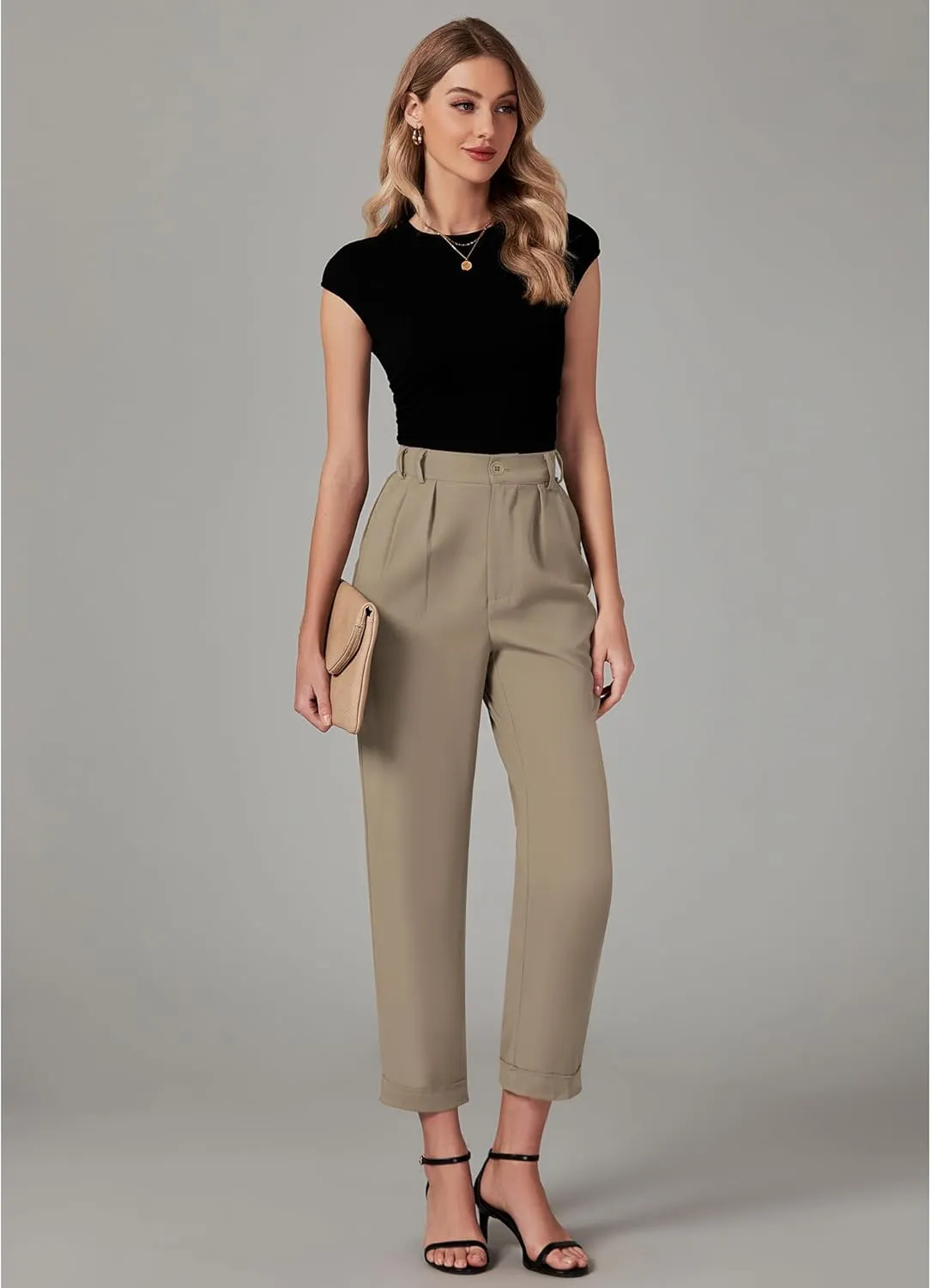 GRAPENT Capri Dress Pants for Women High Waisted Pleated Lightweight Straight Leg Elastic Wasit Crop Trousers Work Pants