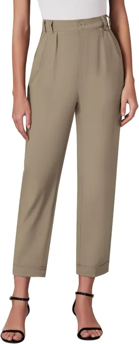 GRAPENT Capri Dress Pants for Women High Waisted Pleated Lightweight Straight Leg Elastic Wasit Crop Trousers Work Pants