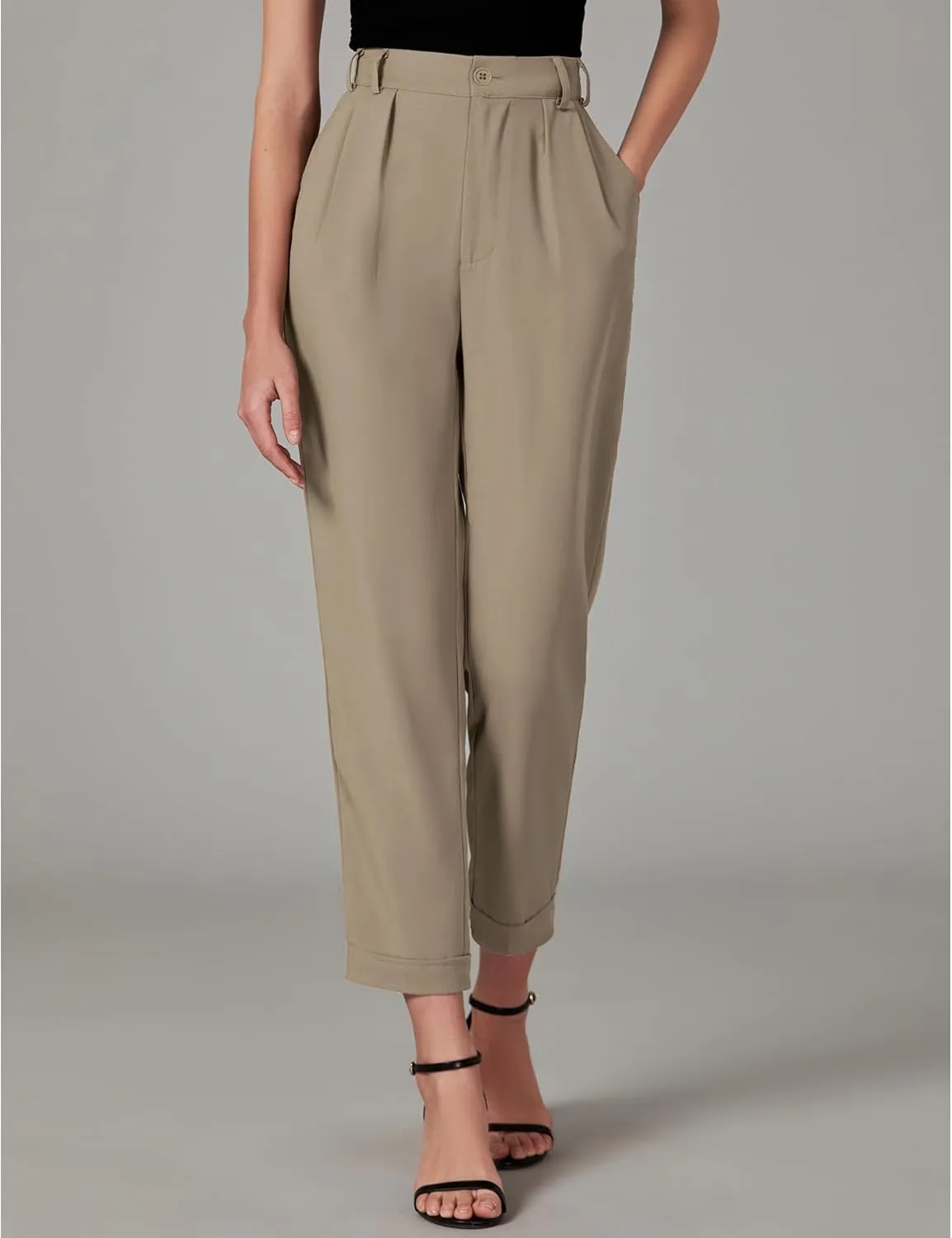 GRAPENT Capri Dress Pants for Women High Waisted Pleated Lightweight Straight Leg Elastic Wasit Crop Trousers Work Pants