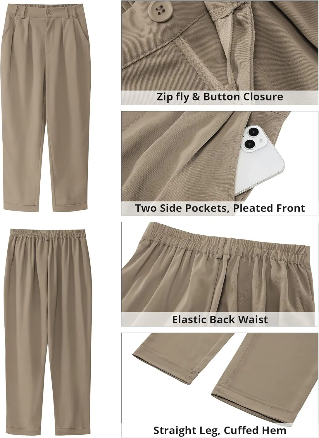 GRAPENT Capri Dress Pants for Women High Waisted Pleated Lightweight Straight Leg Elastic Wasit Crop Trousers Work Pants