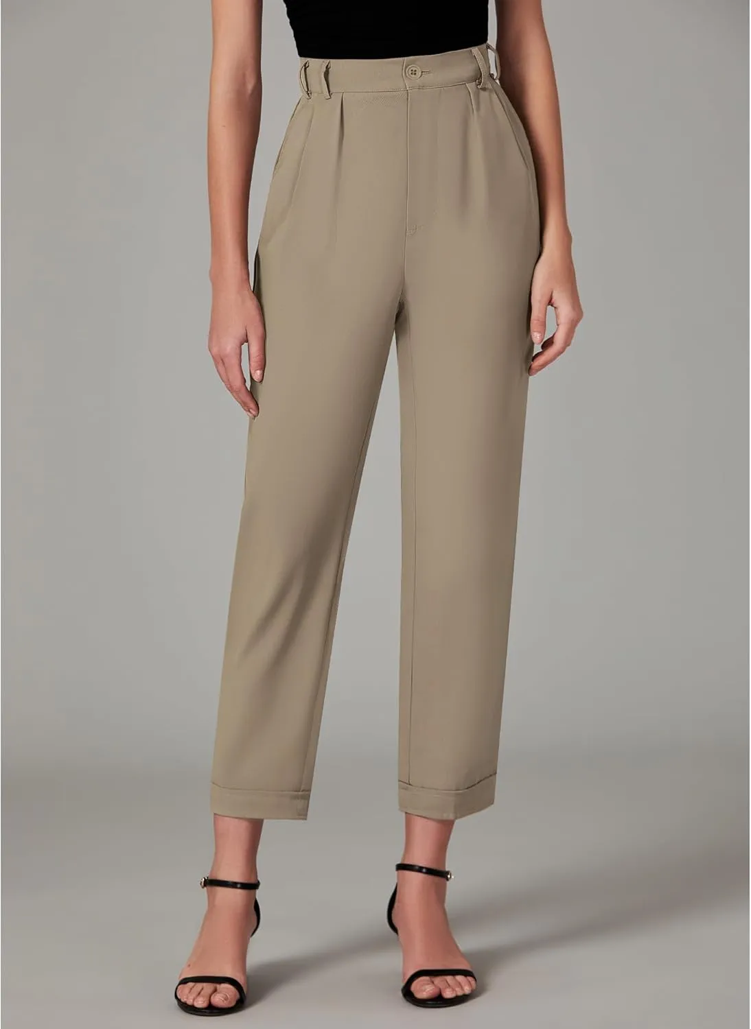 GRAPENT Capri Dress Pants for Women High Waisted Pleated Lightweight Straight Leg Elastic Wasit Crop Trousers Work Pants