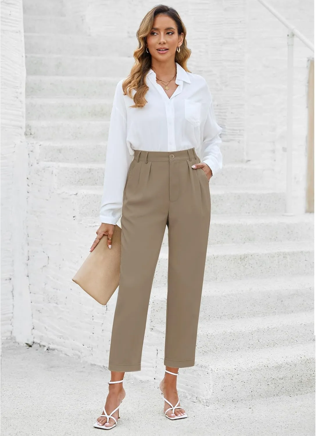 GRAPENT Capri Dress Pants for Women High Waisted Pleated Lightweight Straight Leg Elastic Wasit Crop Trousers Work Pants