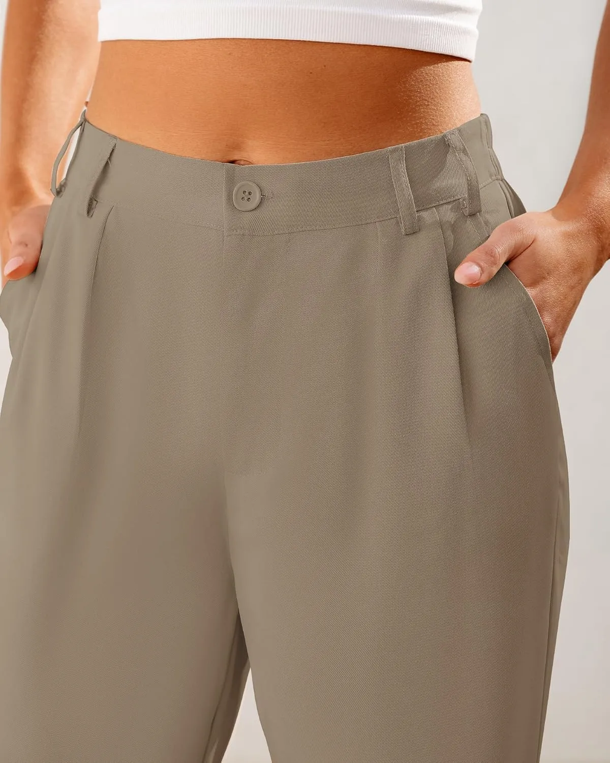 GRAPENT Capri Dress Pants for Women High Waisted Pleated Lightweight Straight Leg Elastic Wasit Crop Trousers Work Pants