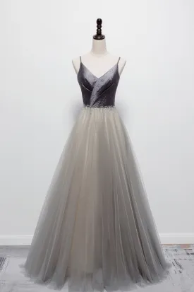 Gray Tulle Long A-Line Prom Dress, V-Neck Spaghetti Straps Evening Dress