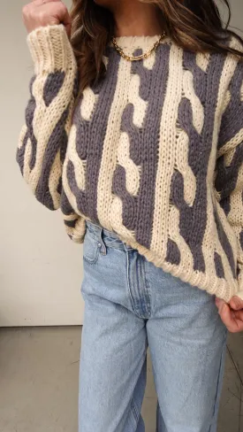 Gray/Ivory Abstract Chunky Knit Sweater