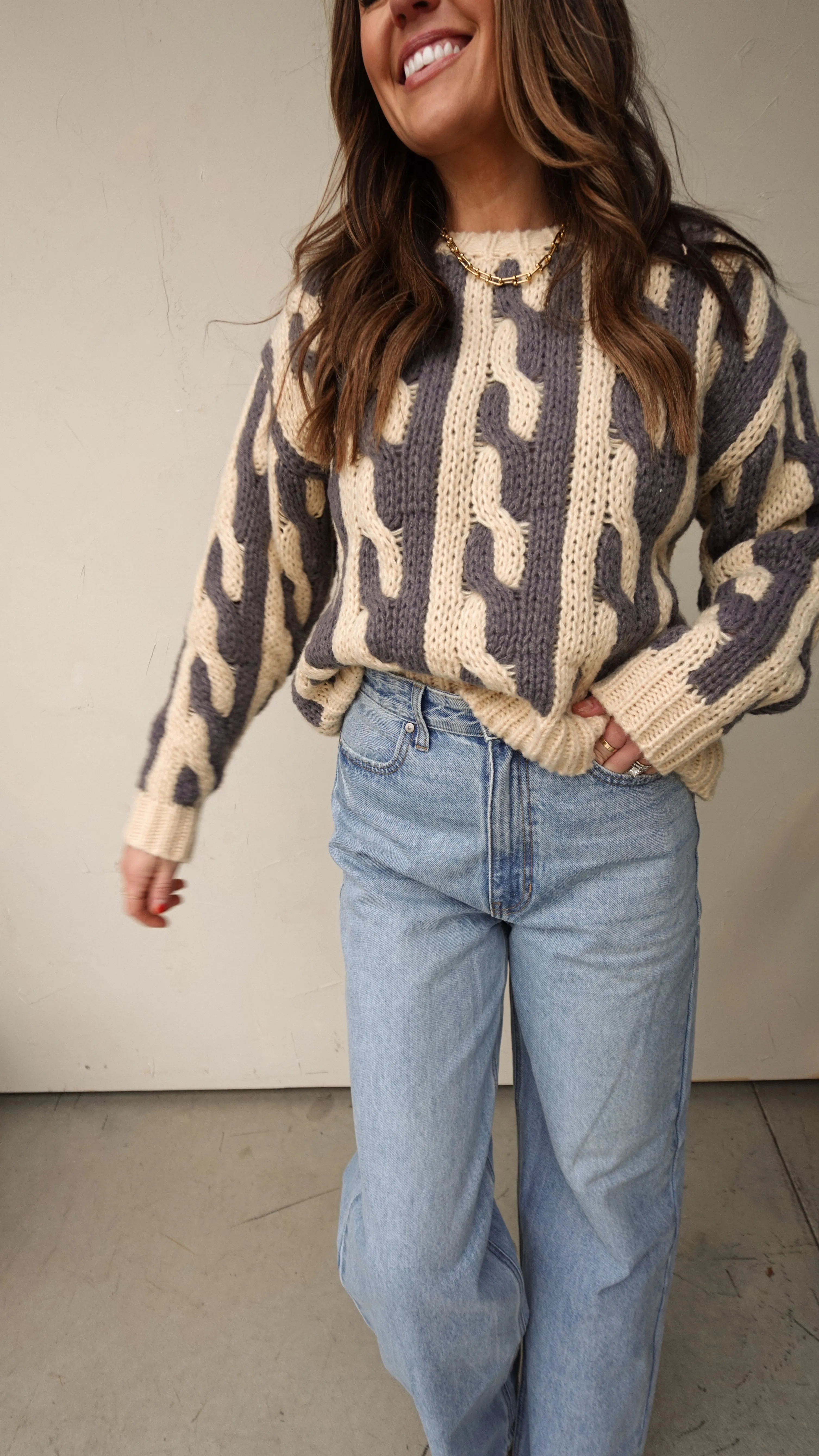 Gray/Ivory Abstract Chunky Knit Sweater