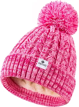 HAITHO Kids Toddler Winter Hat with Pom Pom, 2 Size Kids Beanie Hats for Girls Boys, Cute Warm Fleece Lined Knit Beanies Cap