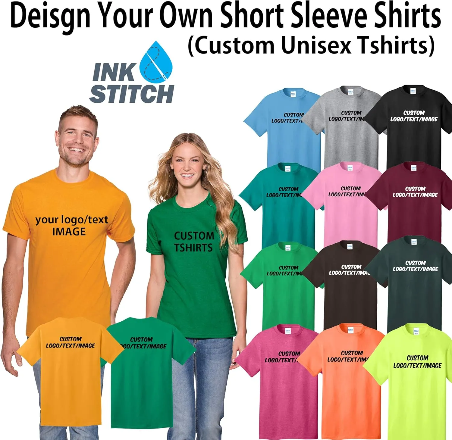 INK STITCH Unisex PC54 Custom Design Your Own Cotton Short Sleeve Tshirts - Multicolors