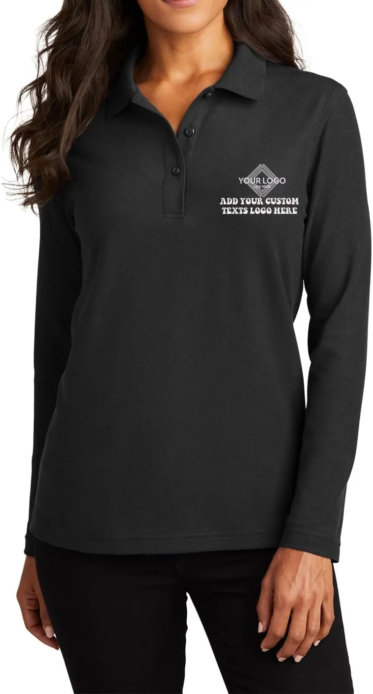 INK STITCH Women L500ls Custom Add Your Logo Texts Embroidery Silk Touch Long Sleeve Polo Shirts