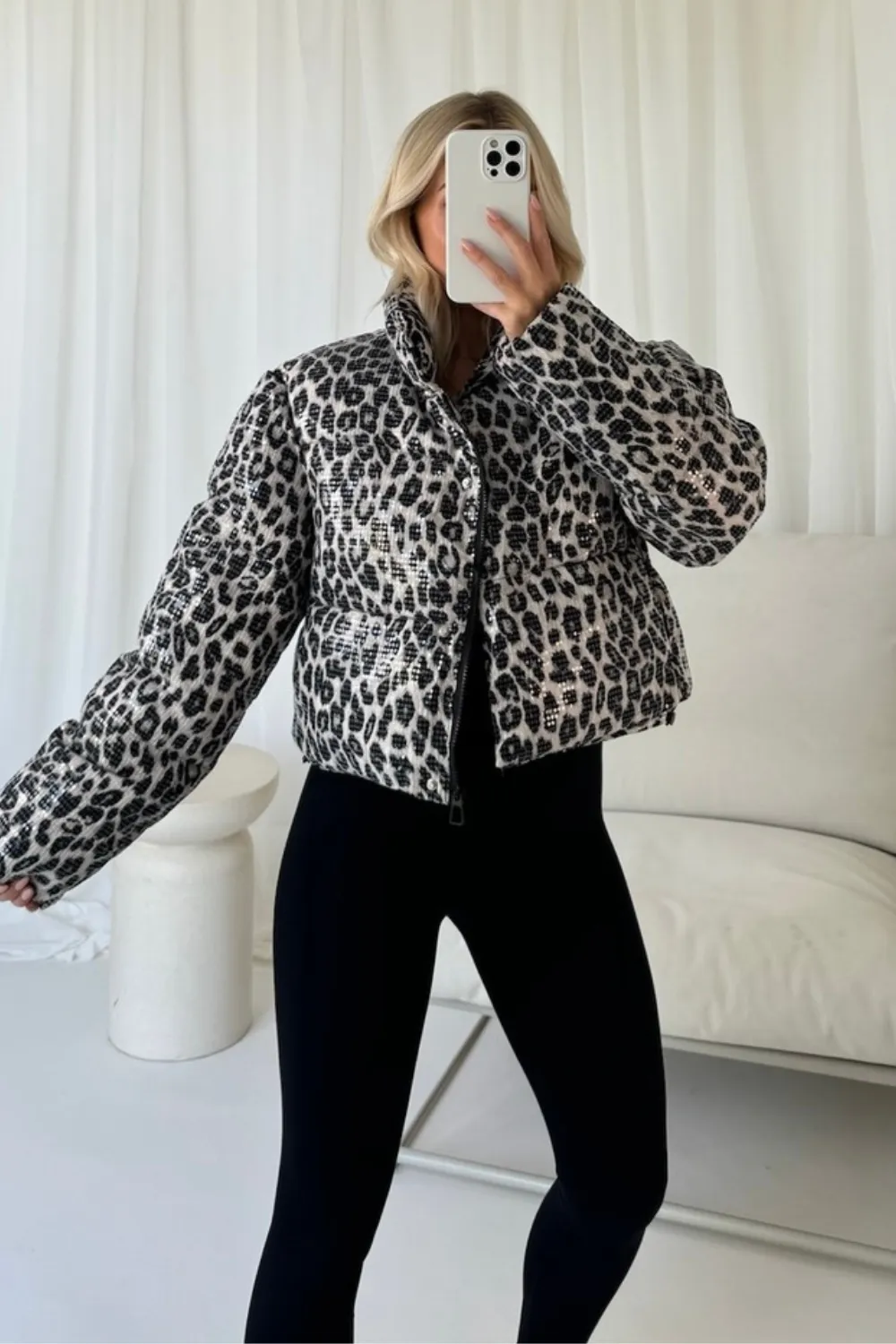 Kelly grey leopard sequin puffer coat