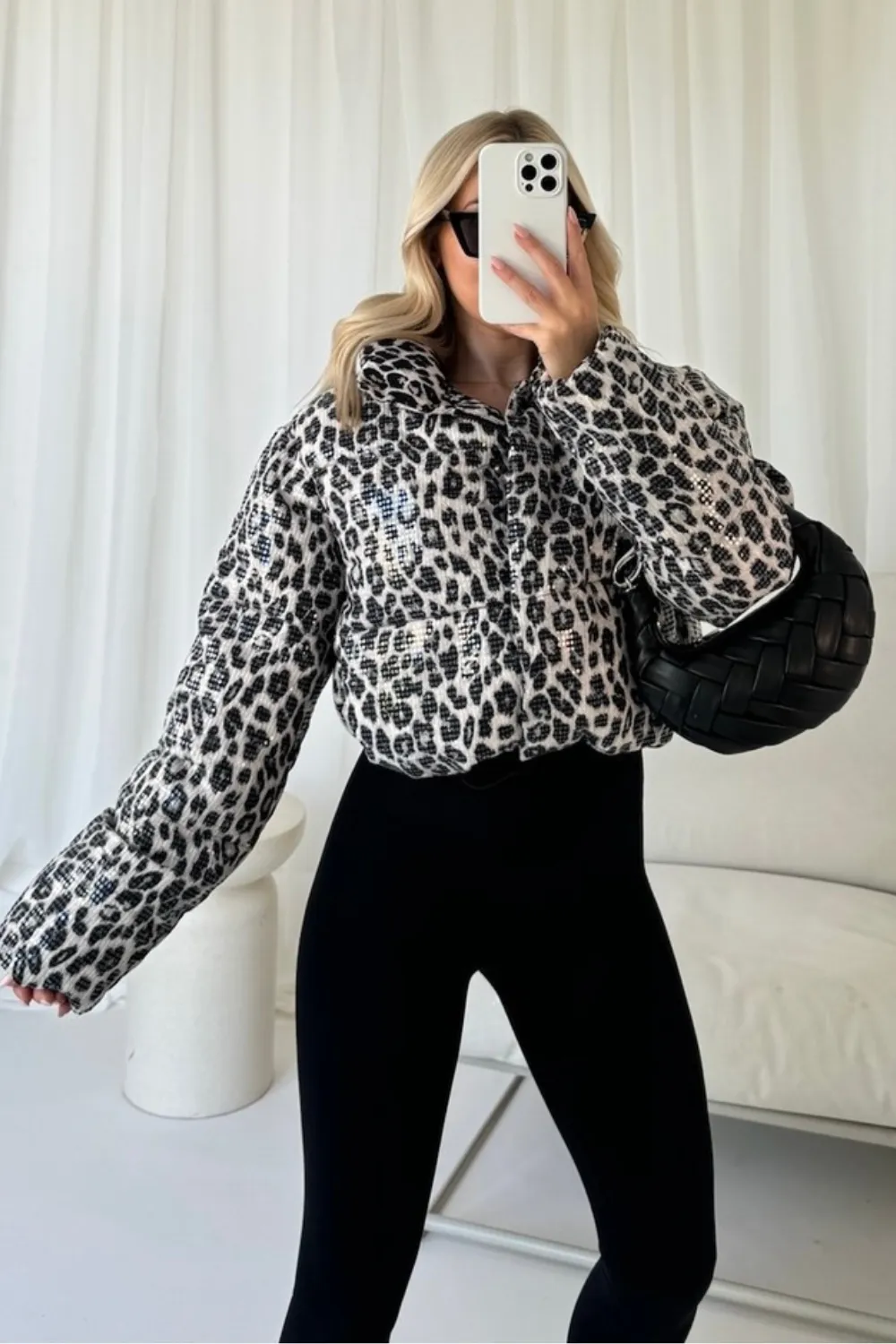 Kelly grey leopard sequin puffer coat