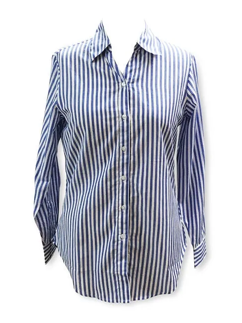 Ladies Long Sleeve, Cotton, Blue and White stripe, 3 button back shirt. Style# 4306