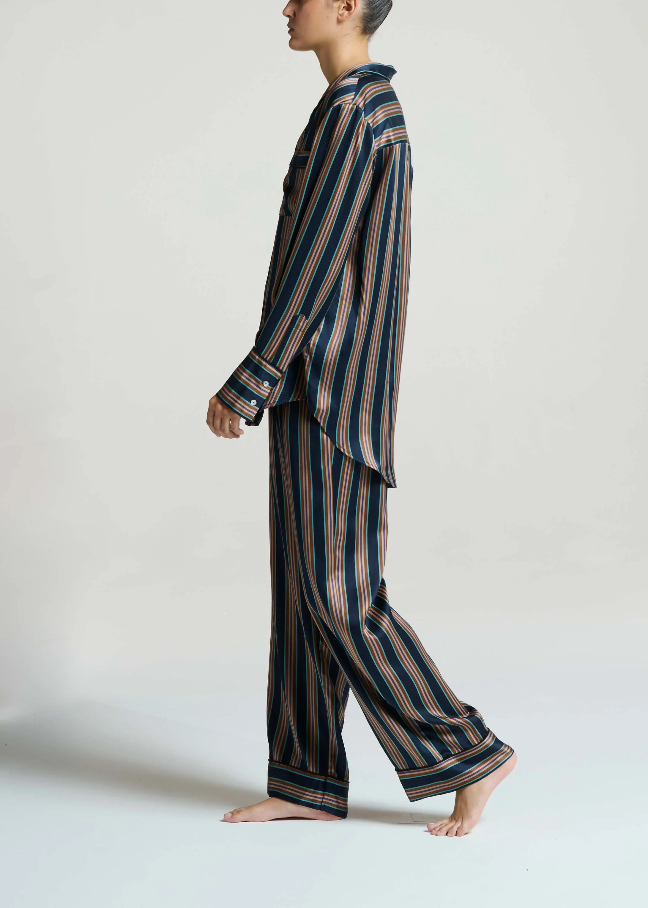 London Pyjama Bottom Brunette Navy Stripe Silk Charmeuse