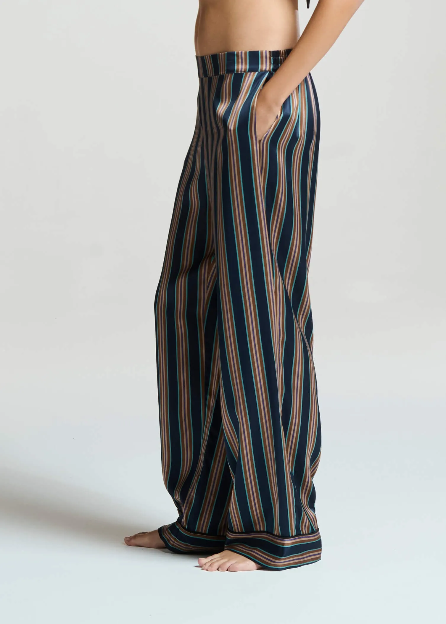 London Pyjama Bottom Brunette Navy Stripe Silk Charmeuse