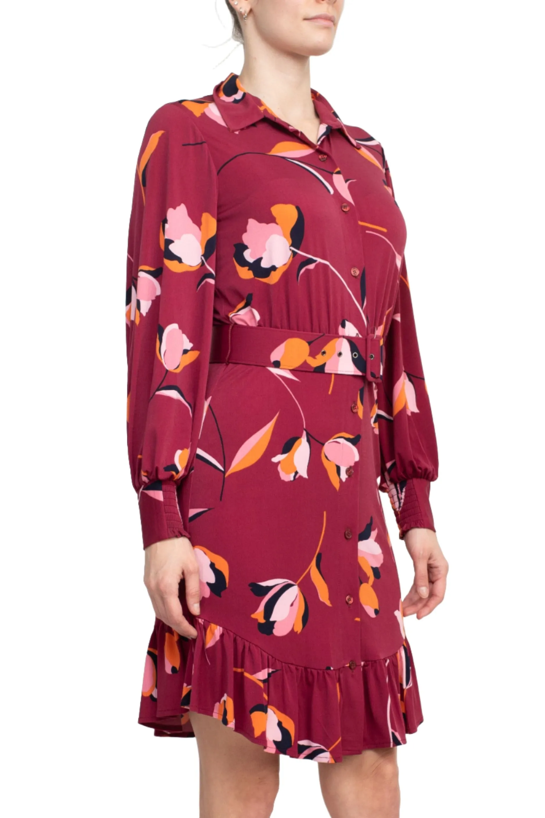 London Times Collared Button Down Elastic Cuff Long Sleeve Belted ITY Dress