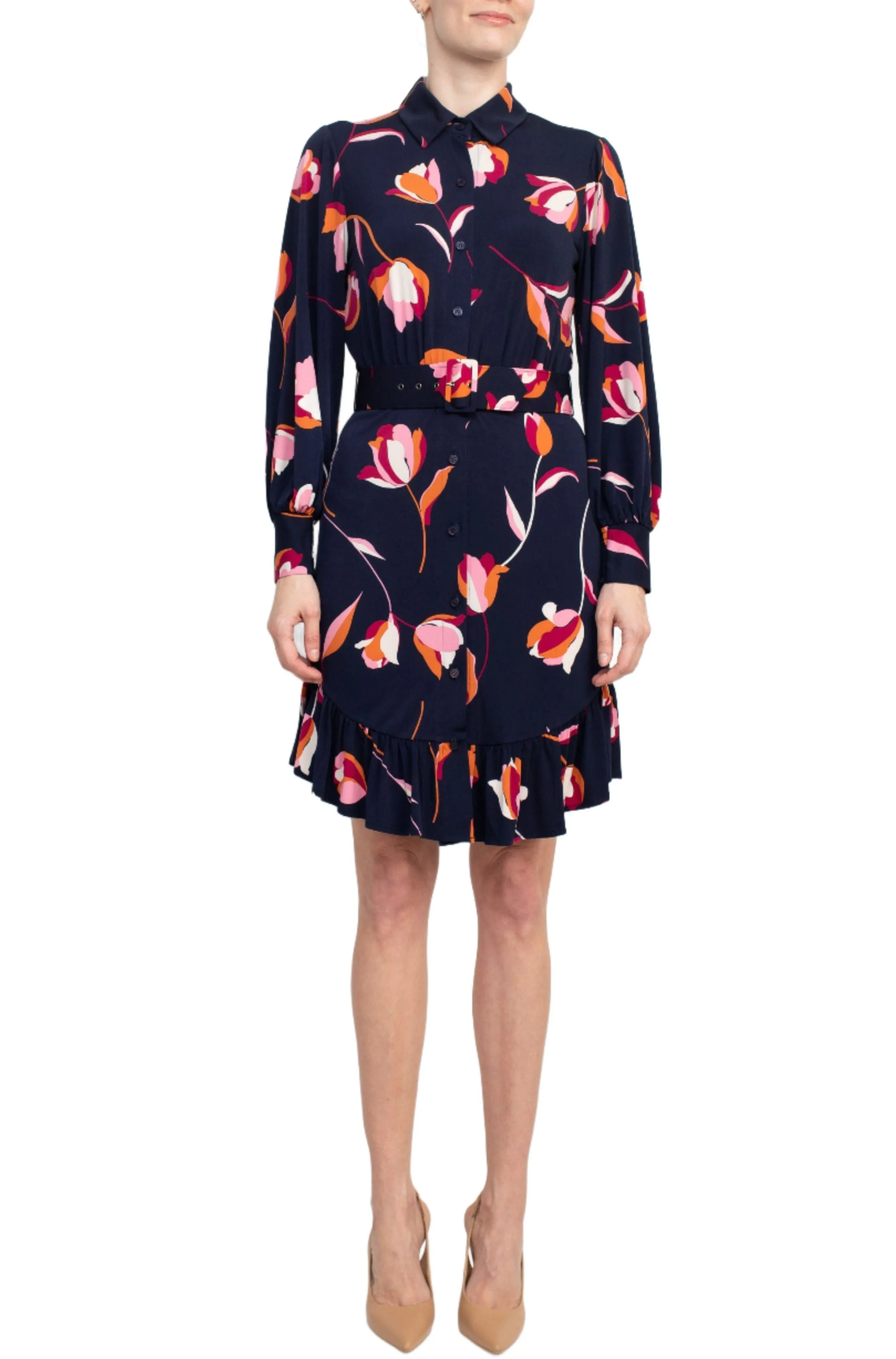 London Times Collared Button Down Elastic Cuff Long Sleeve Belted ITY Dress