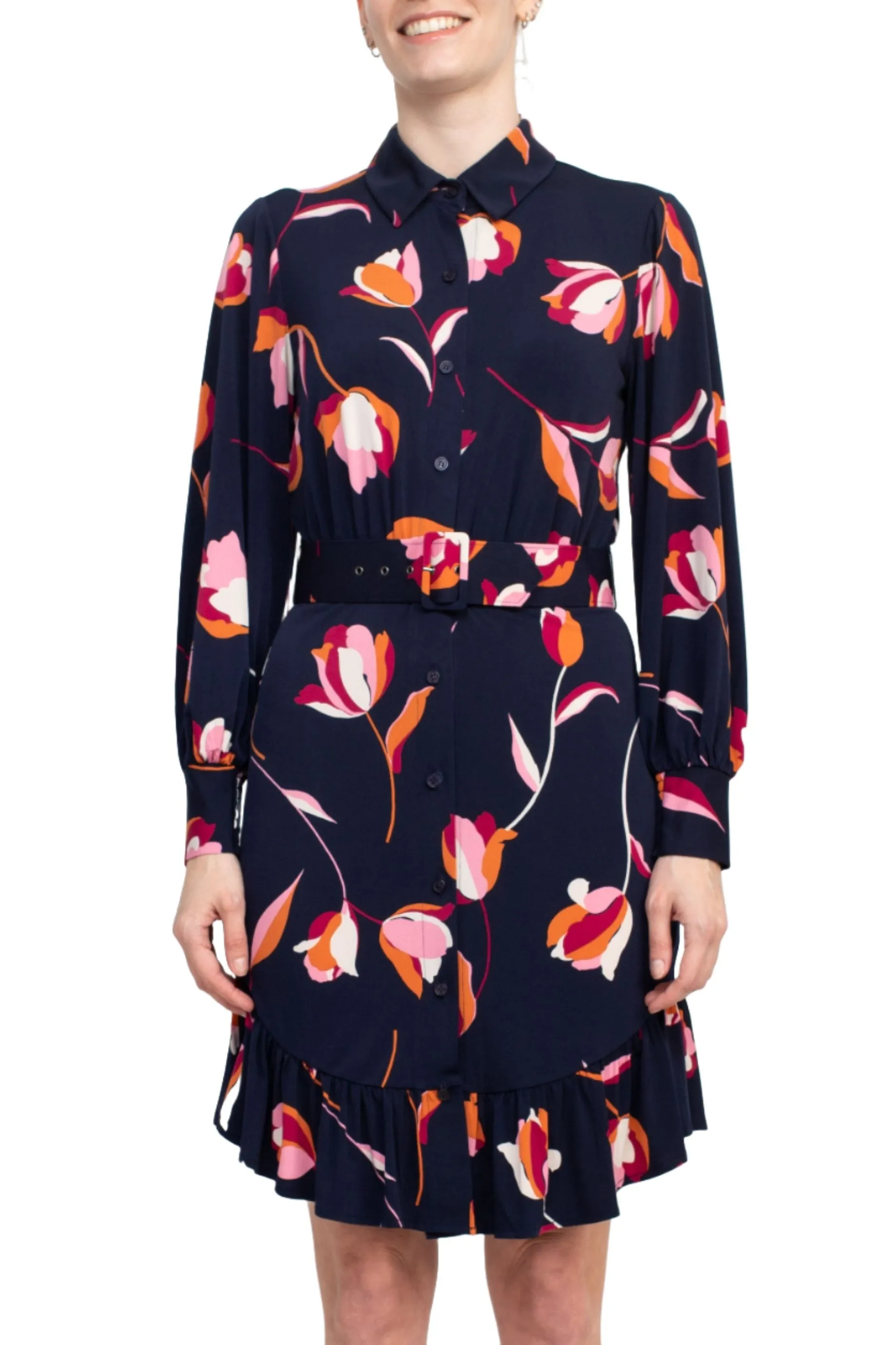 London Times Collared Button Down Elastic Cuff Long Sleeve Belted ITY Dress