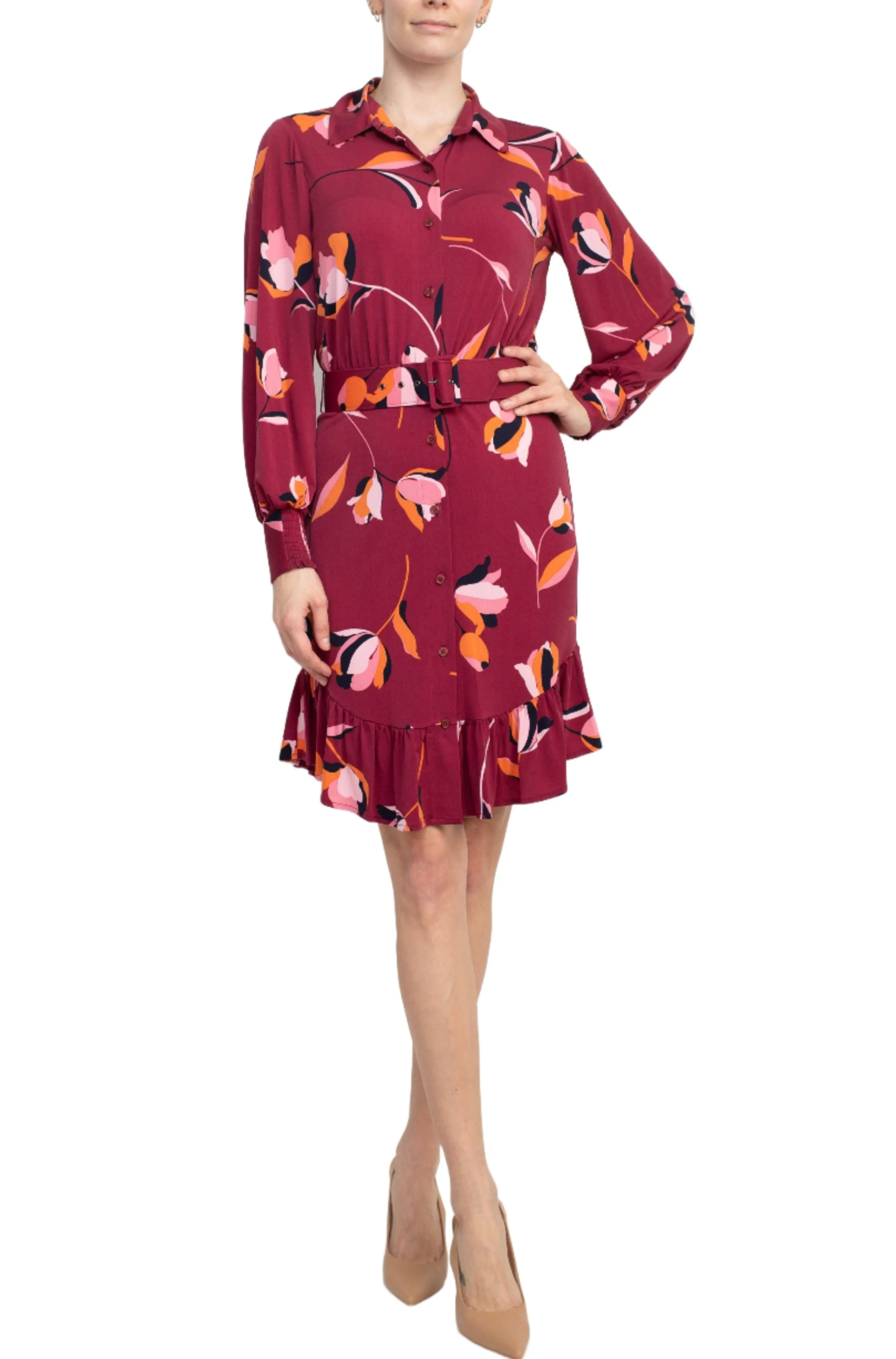 London Times Collared Button Down Elastic Cuff Long Sleeve Belted ITY Dress