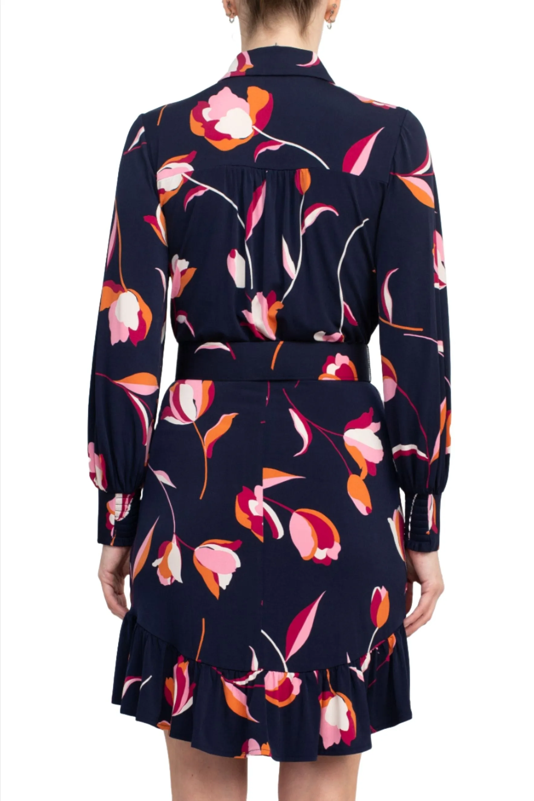 London Times Collared Button Down Elastic Cuff Long Sleeve Belted ITY Dress
