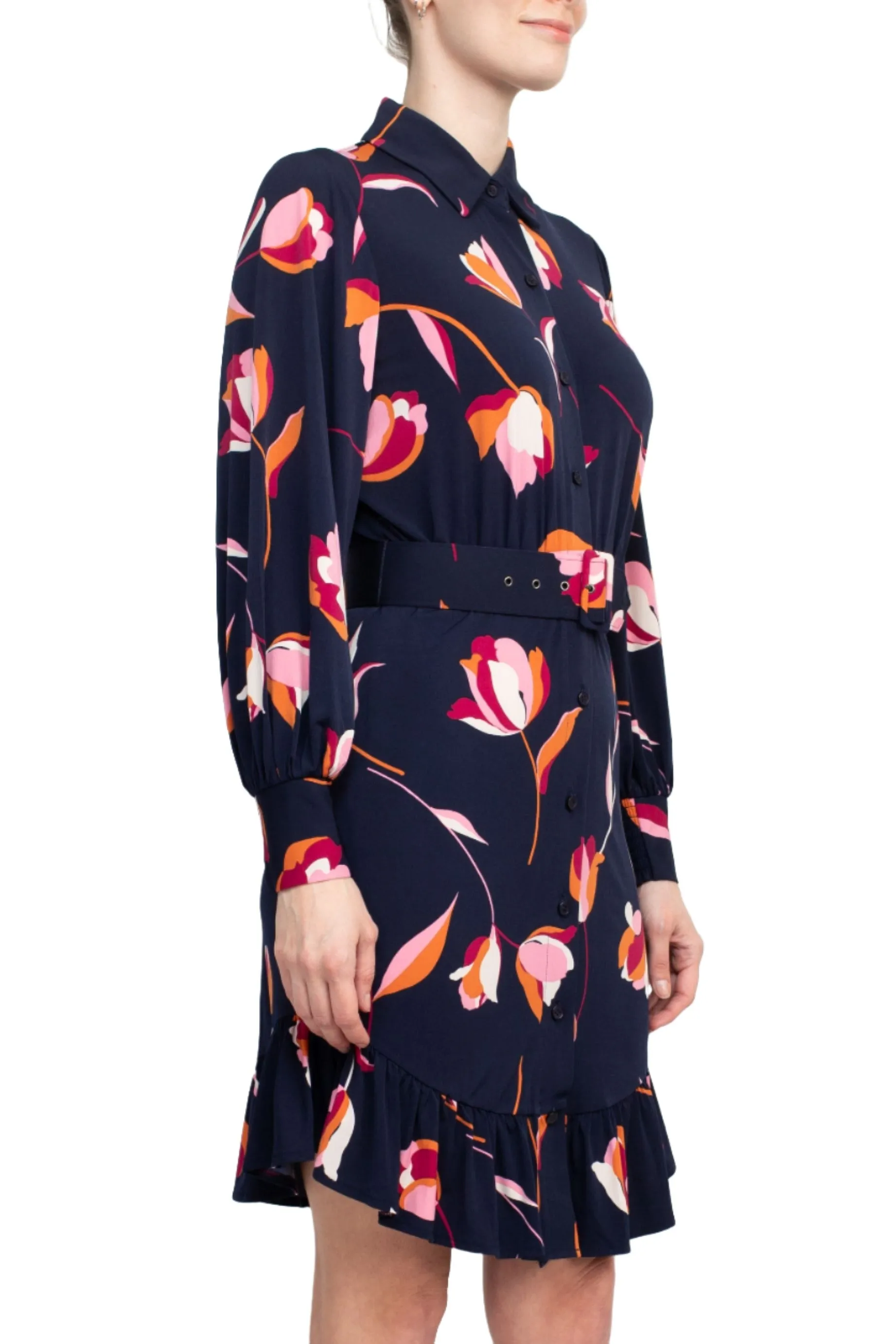 London Times Collared Button Down Elastic Cuff Long Sleeve Belted ITY Dress