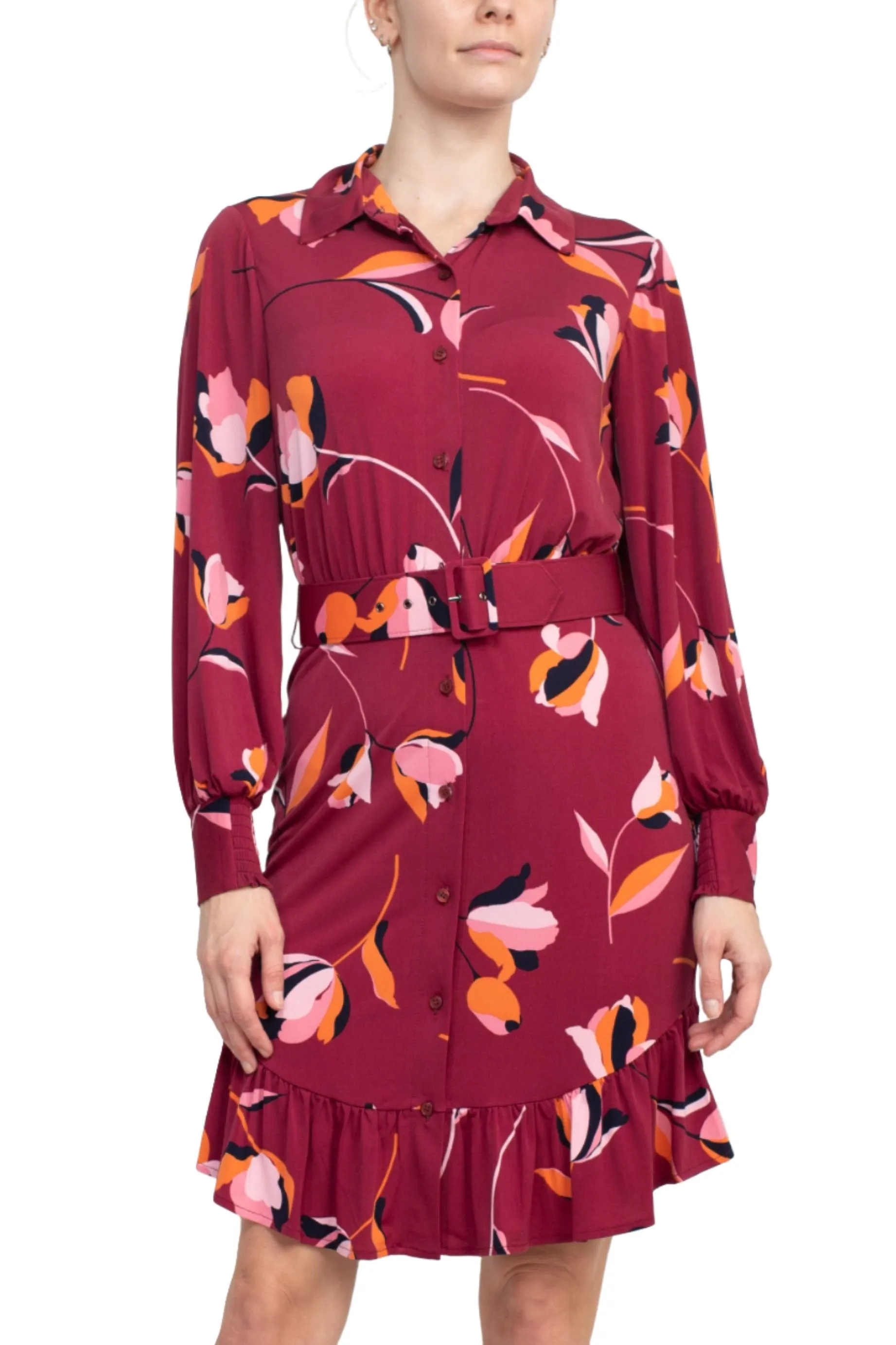 London Times Collared Button Down Elastic Cuff Long Sleeve Belted ITY Dress