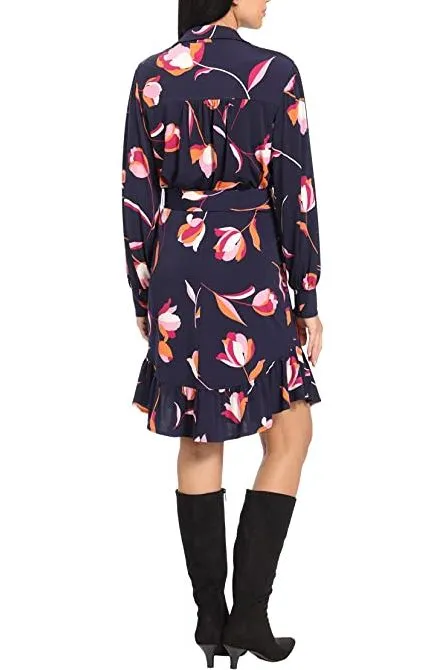 London Times Collared Button Down Elastic Cuff Long Sleeve Belted ITY Dress