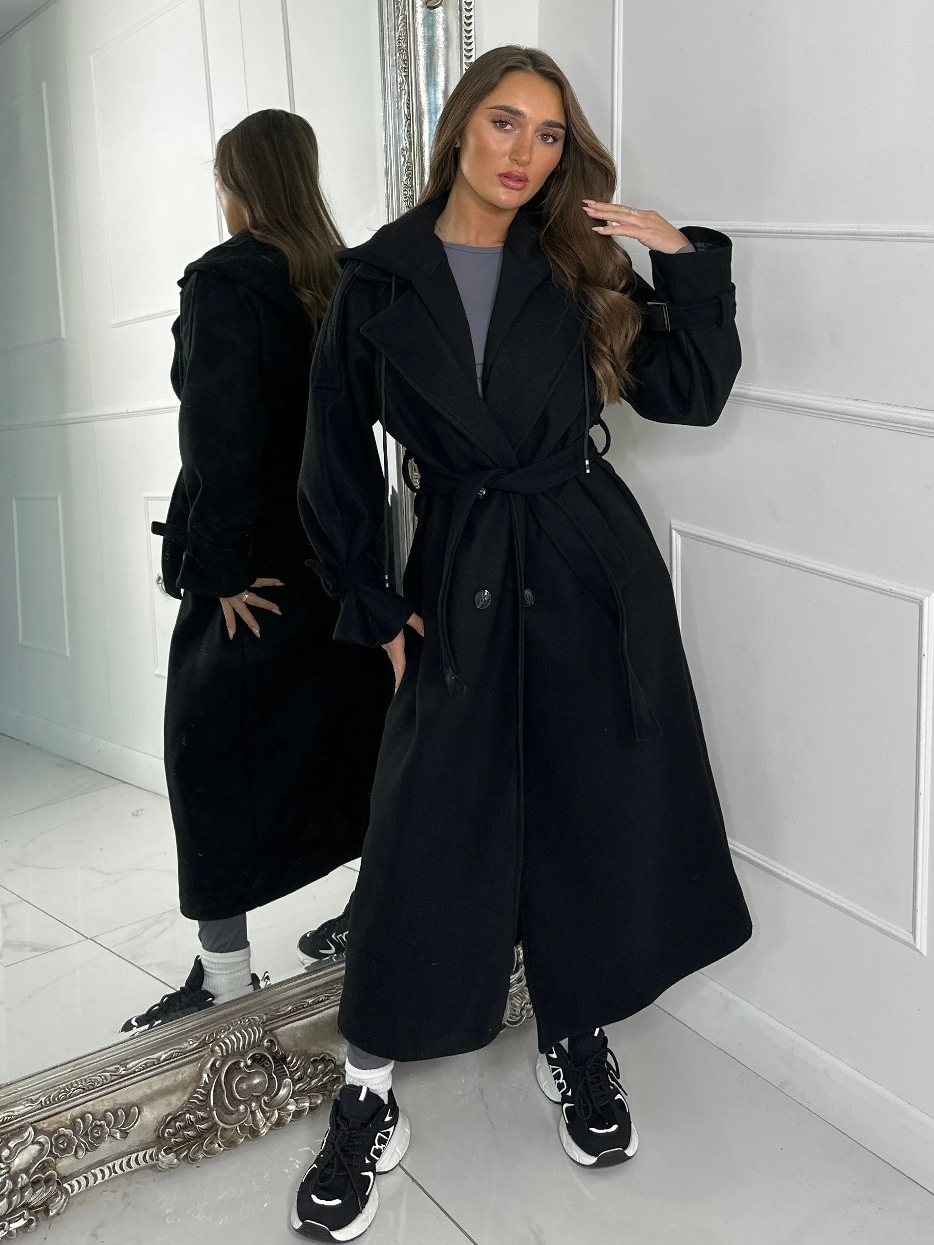 Longline Trench Coat With Attached Hood - Black
