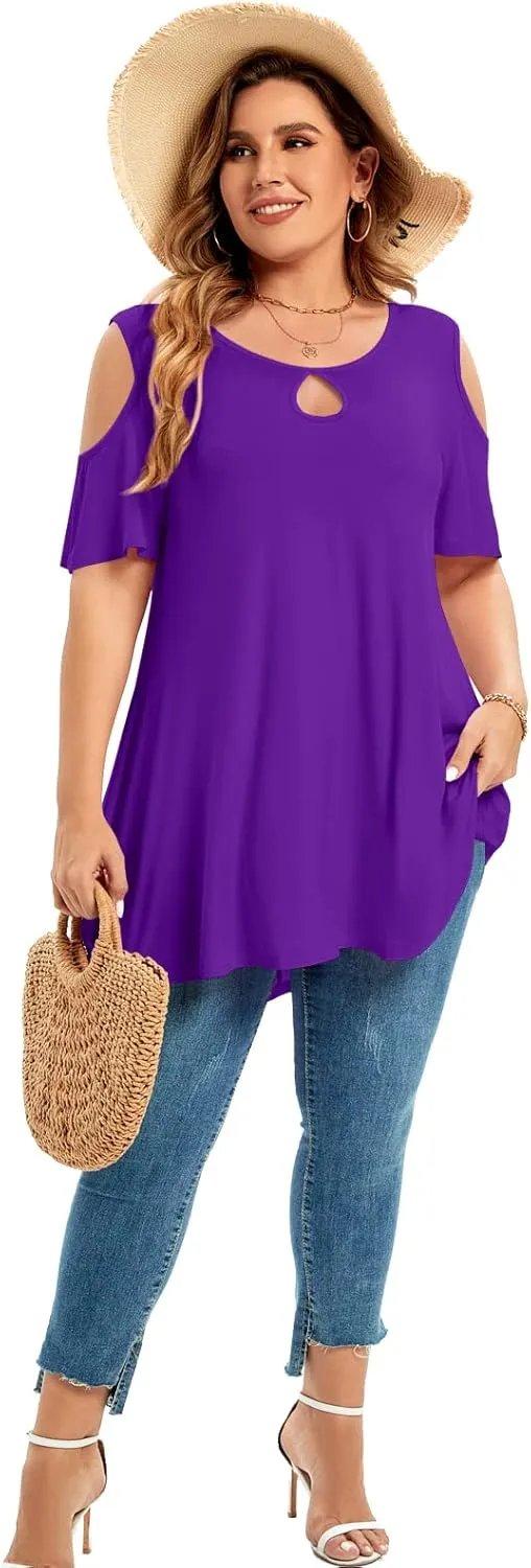 MONNURO Plus Size Cold Shoulder Tops For Women Sexy Ruffle Short Sleeve Tunic