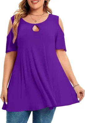 MONNURO Plus Size Cold Shoulder Tops For Women Sexy Ruffle Short Sleeve Tunic