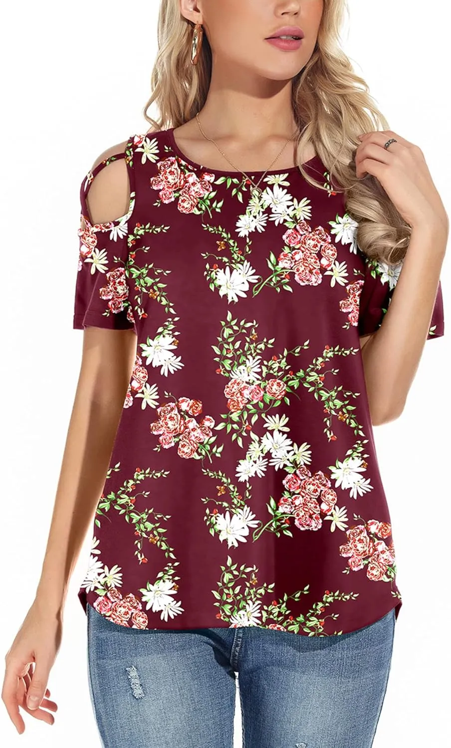 NILOUFO Womens Summer T Shirts Short Sleeve Tunic Strappy Cold Shoulder Tops