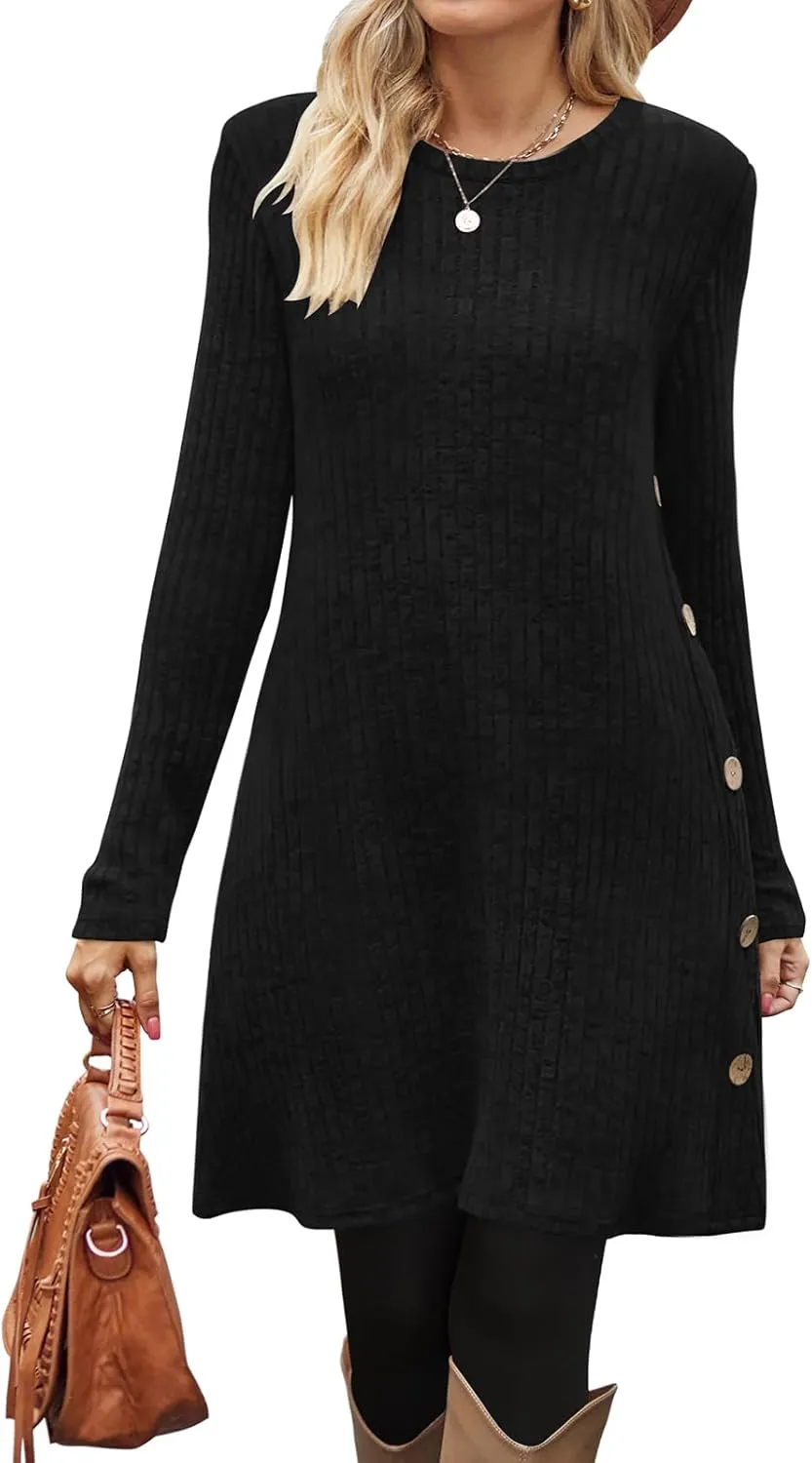OFEEFAN Fall and Winter Tunic Dress with Pockets Long Sleeve Crew Neck Buttons Side