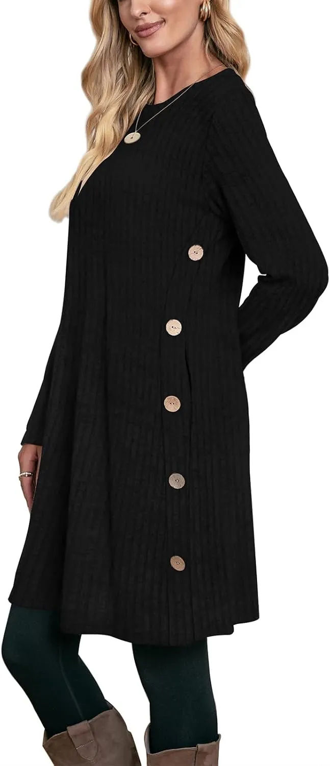 OFEEFAN Fall and Winter Tunic Dress with Pockets Long Sleeve Crew Neck Buttons Side