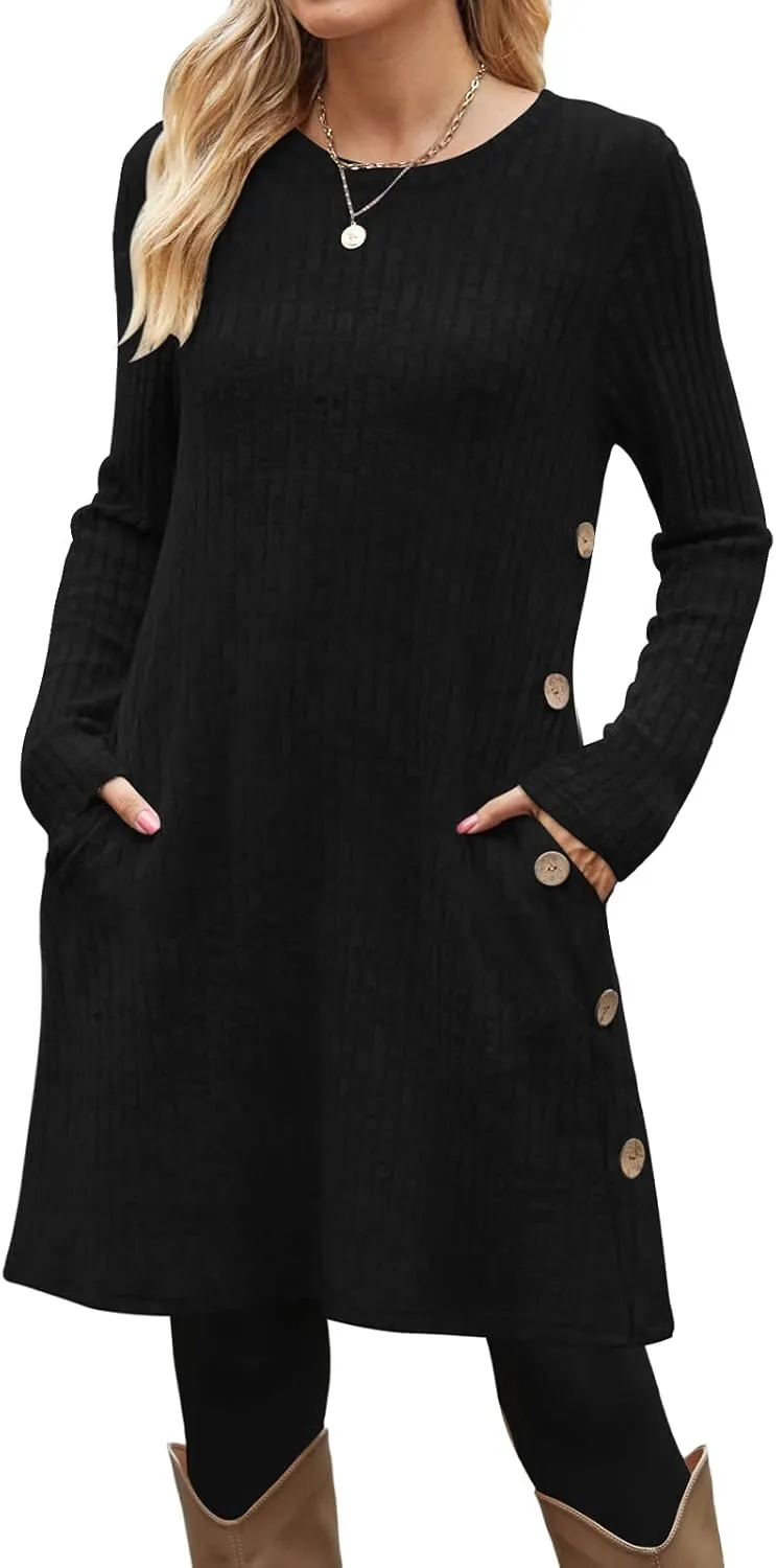 OFEEFAN Fall and Winter Tunic Dress with Pockets Long Sleeve Crew Neck Buttons Side