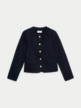 Pure cotton tweed collarless short jacket