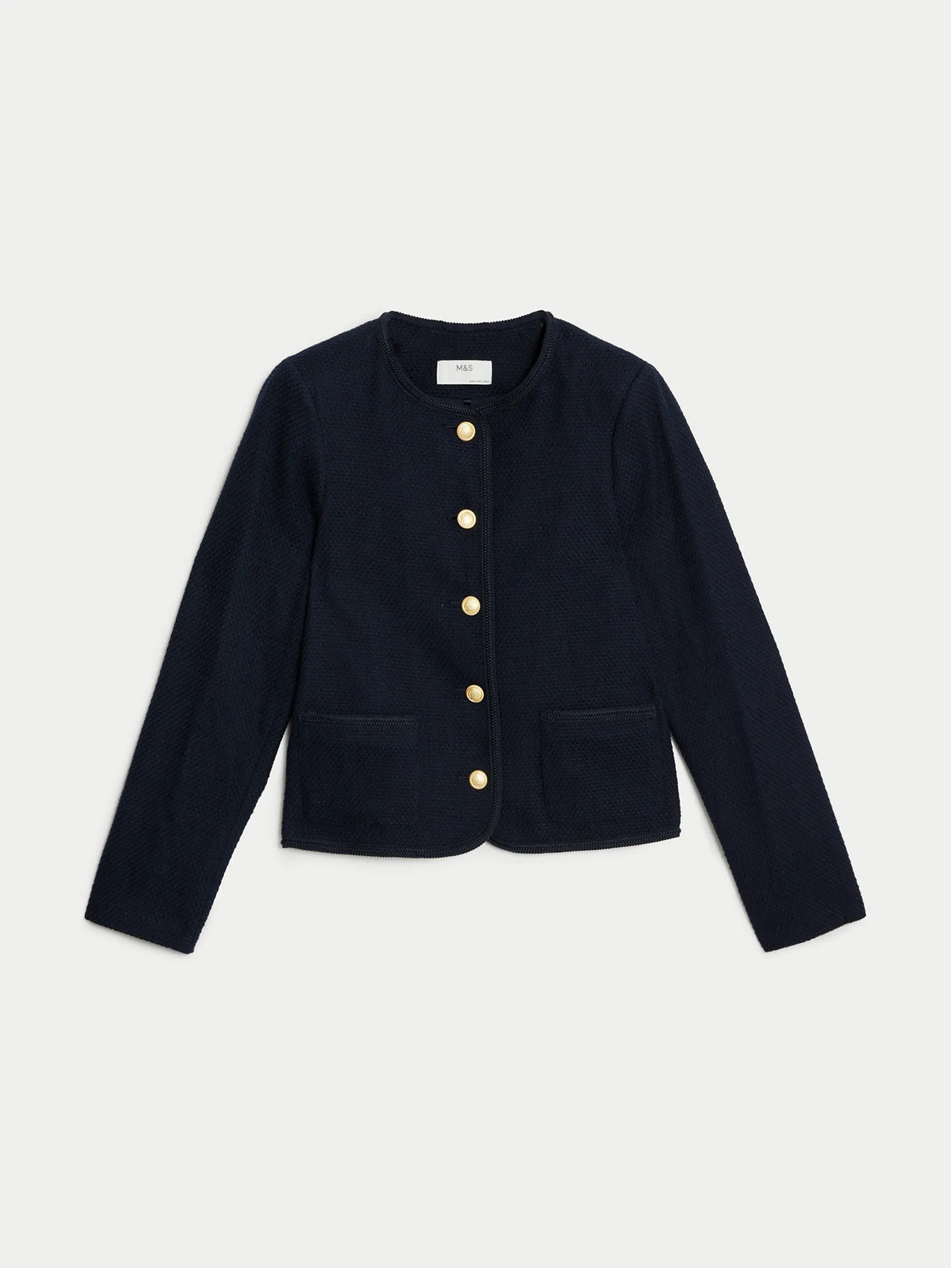 Pure cotton tweed collarless short jacket