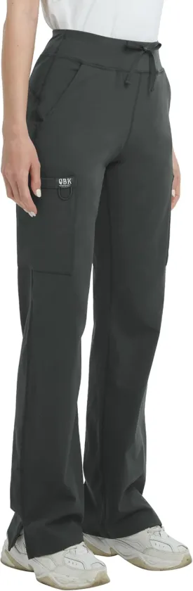 QBK High Rise Yoga Scrub Pants Women - Straight Wide Leg Uniform Pants with Cargo Pocket, Anti-Wrinkle & Knit Yoga Waistband