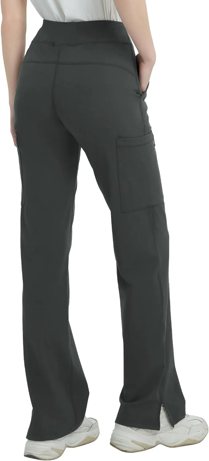 QBK High Rise Yoga Scrub Pants Women - Straight Wide Leg Uniform Pants with Cargo Pocket, Anti-Wrinkle & Knit Yoga Waistband