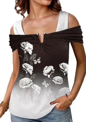 SAUKOLE Womens Casual Cold Shoulder Tops Fashion Ruched Short Sleeve T Shirts 2025 Summer V Neck Blouse Shirt