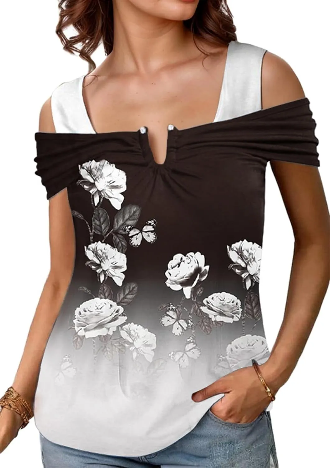 SAUKOLE Womens Casual Cold Shoulder Tops Fashion Ruched Short Sleeve T Shirts 2025 Summer V Neck Blouse Shirt