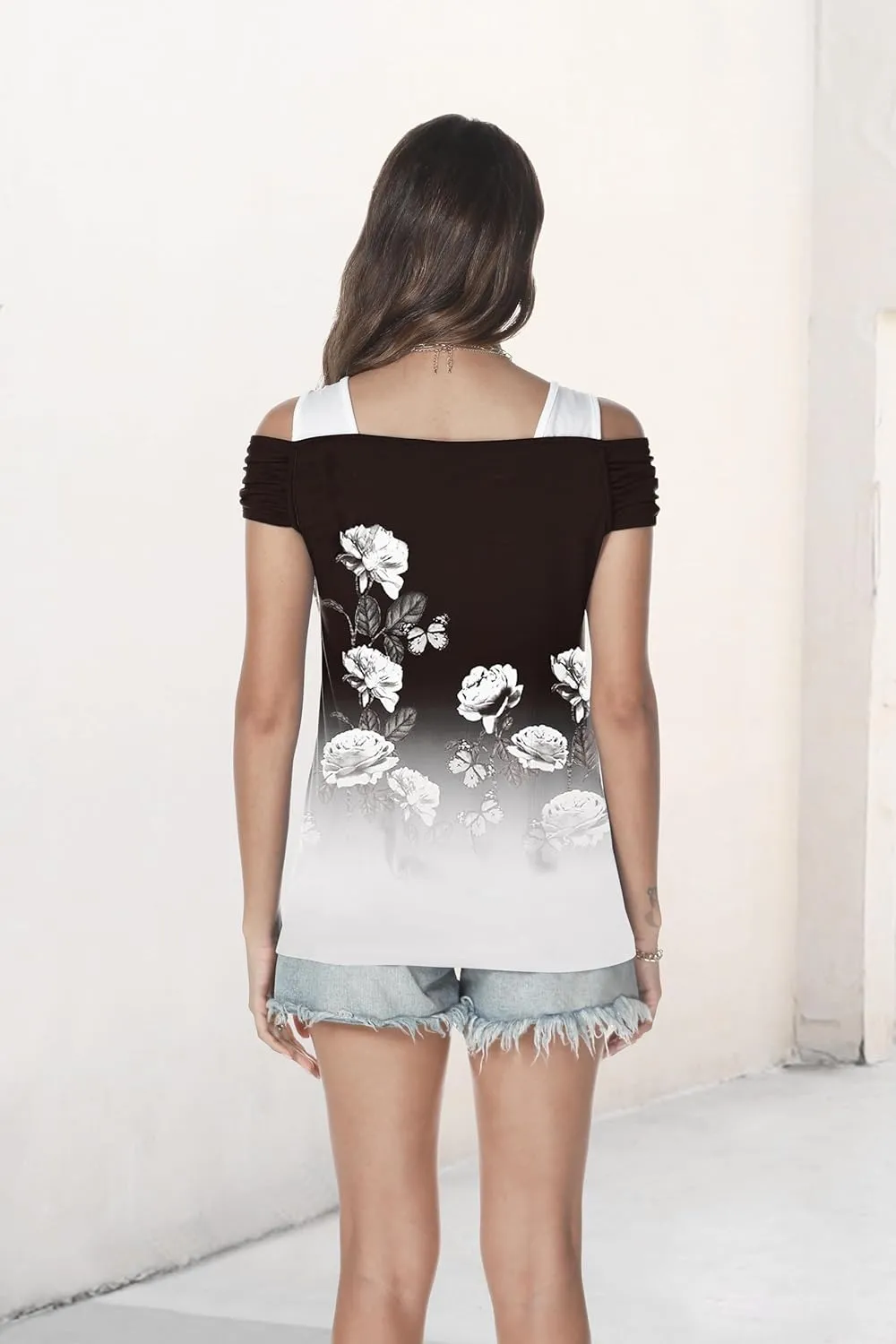 SAUKOLE Womens Casual Cold Shoulder Tops Fashion Ruched Short Sleeve T Shirts 2025 Summer V Neck Blouse Shirt