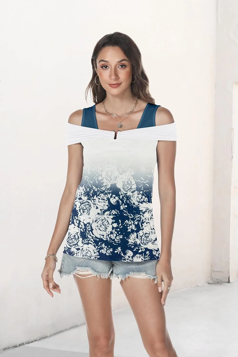 SAUKOLE Womens Casual Cold Shoulder Tops Fashion Ruched Short Sleeve T Shirts 2025 Summer V Neck Blouse Shirt